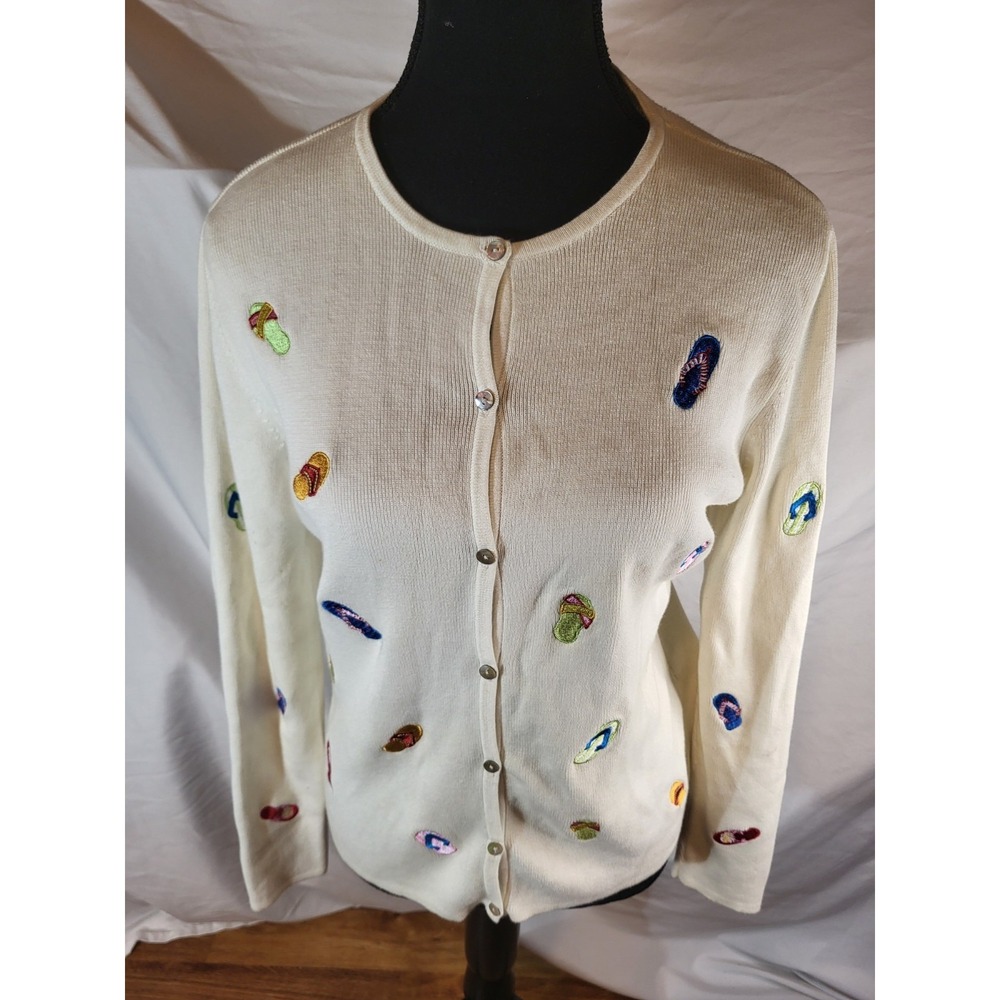 Alexandra Bartlett Cardigan Sweater M White Embroidered Flip Flops